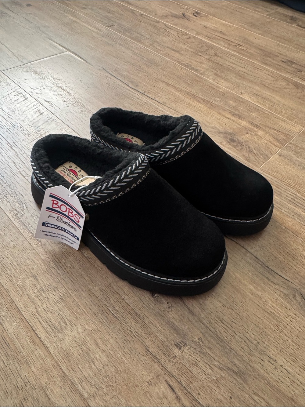 Skechers BOBS Black Suede Slip-On Clog with Faux Fur Trim